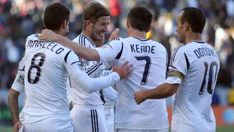 David, Beckham, Robbie Keane, Landon Donovan celebrate LA Galaxy goal
