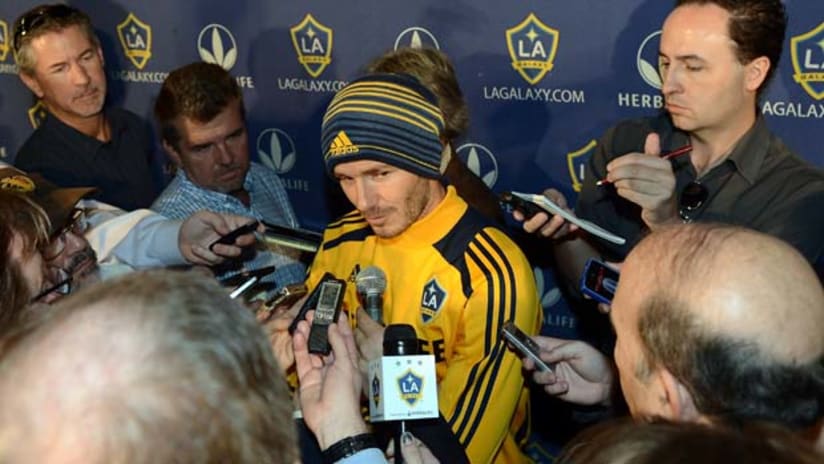 David Beckham speaks to the media after announcing he will leave the Galaxy