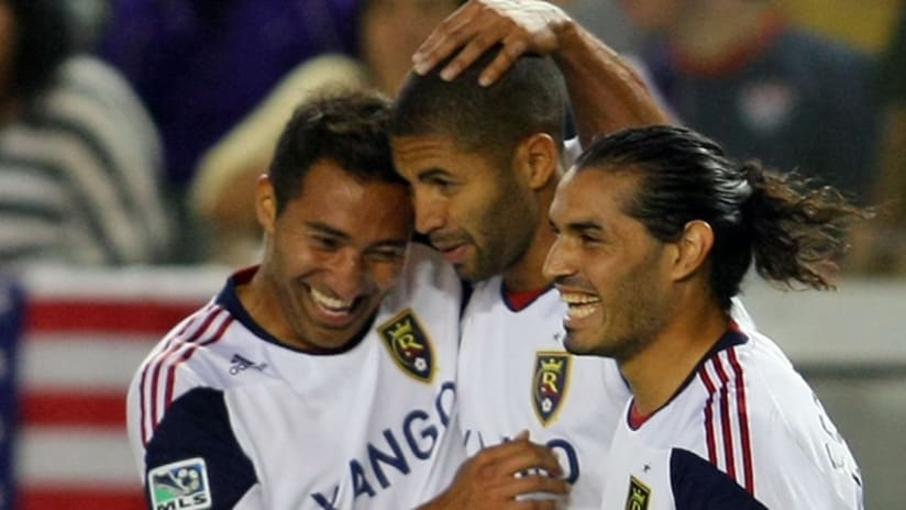 Arturo Alvarez, Alvario Saborio and Fabian Espindola celebrate during the team's 1-0 win over Chivas USA.