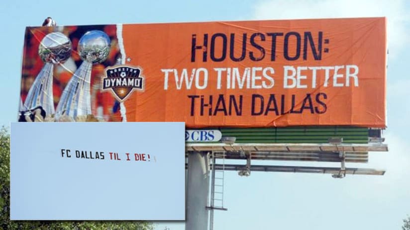 The Houston Dynamo's billboard in Frisco; FC Dallas' banner flown over Robertson Stadium (inset).