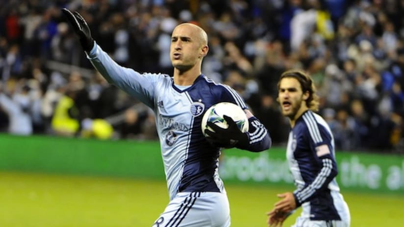 Aurelien Collin celebrates his goal vs. New England in the playoffs