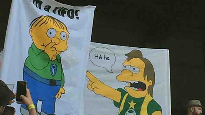 Timbers Army sign - Simpsons "I'm a tifo" - teasing Seattle