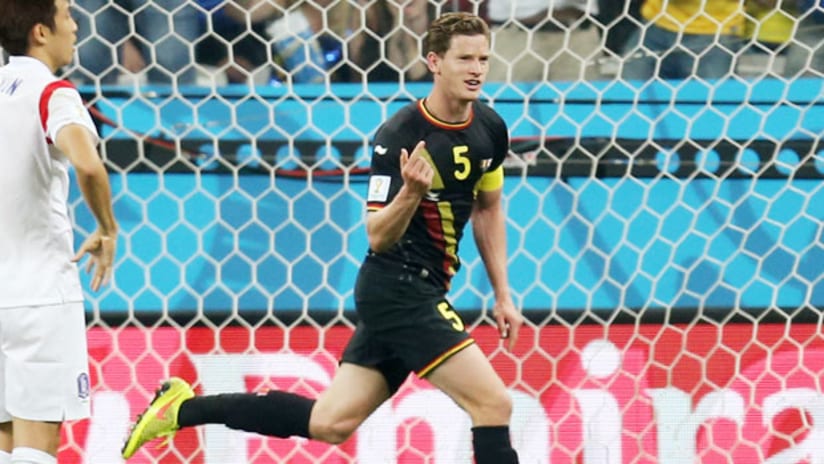 Jan Vertonghen celebrates scoring the first goal for Belgium vs. South Korea
