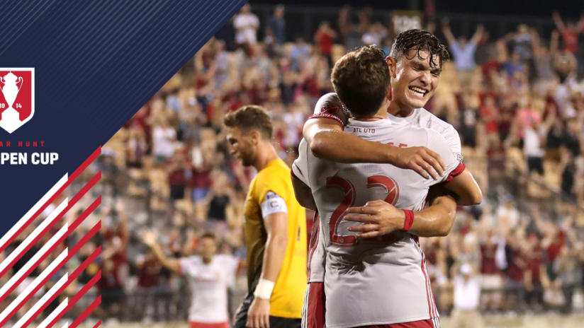 US Open Cup overlay: Brandon Vazquez and Mikey Ambrose celebrate a goal for Atlanta