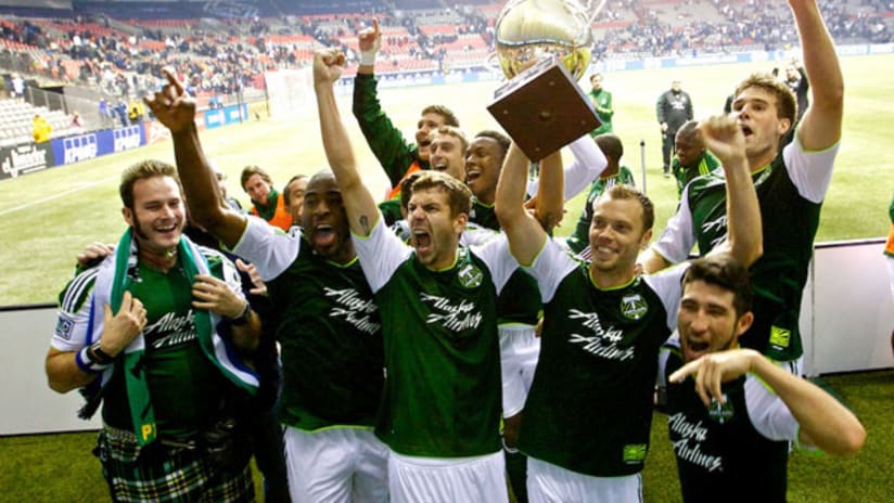 Portland Timbers celebrate winning the 2012 Cascadia Cup.