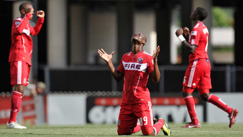 Chicago's Yamith Cuesta (center) celebrates the Fire's 1-0 win over the Columbus Crew on Sunday.