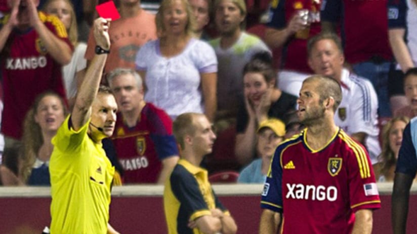 Chris Wingert receives a red card in a match against Sporting Kansas City