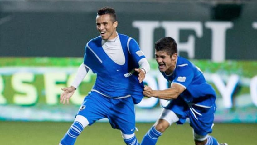 Players from Cal FC celebrate after a win over the Portland Timbers