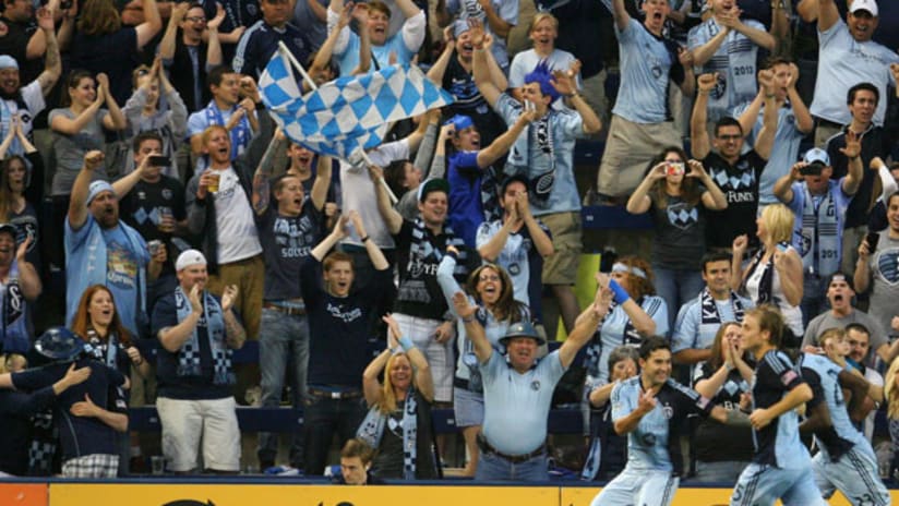 Sporting fans celebrate a goal at Sporting Park
