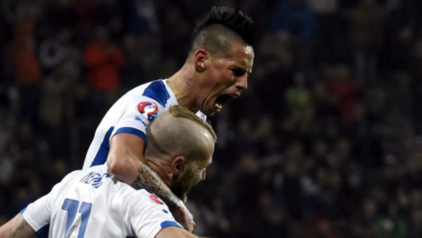 Marek Hamsik celebrates with Adam Nemec after the Slovakian scores against Luxembourg