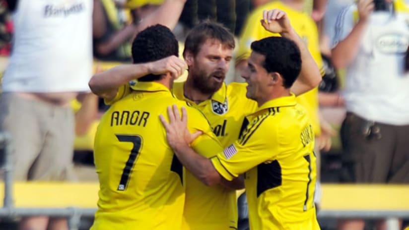 Eddie Gaven celebrates his goal with Bernardo Anor and Dilly Duka