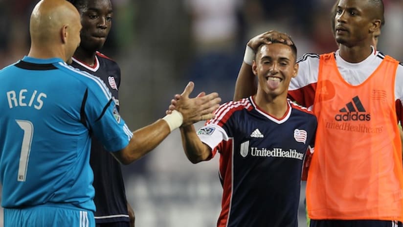 new england revolution celebrate diego fagundez's goal after earning a point against seattle sounders