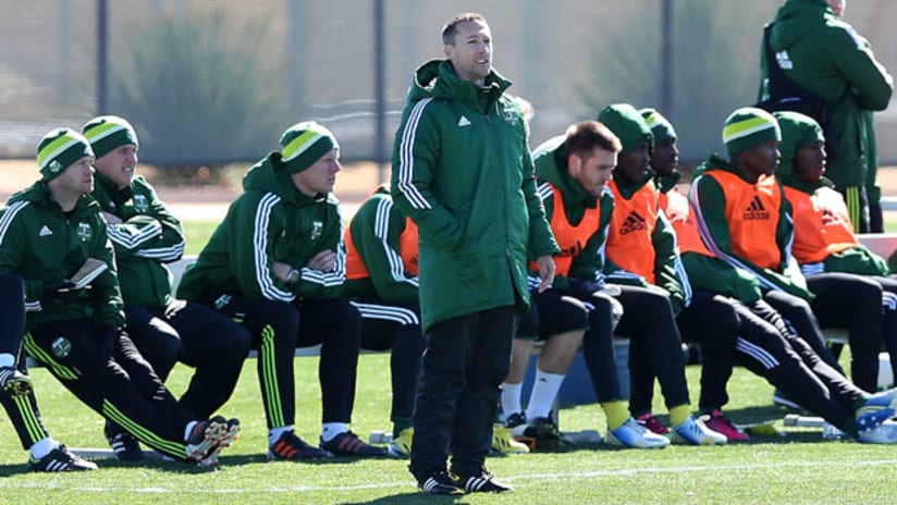 Caleb Porter on the Timbers bench during the Tucson Desert Friendlies