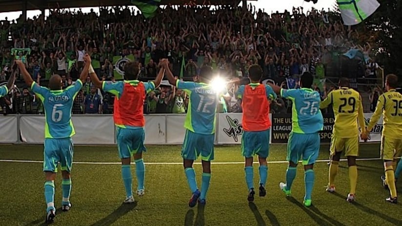 Sounders celebrate their win over Chivas USA
