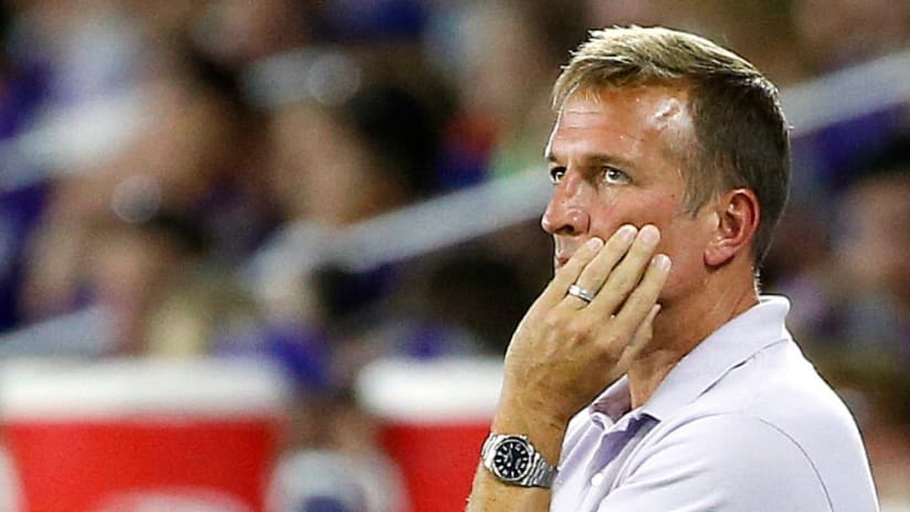 Jason Kreis - Orlando City - looks in on the action with a frustrated expression