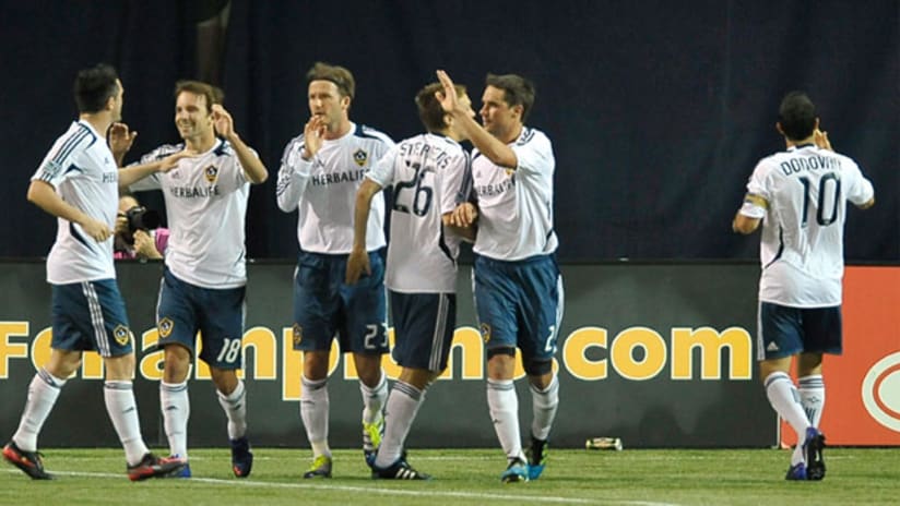 CCL: LA Galaxy celebrate Mike Magee's goal vs. Toronto, March 7, 2012.