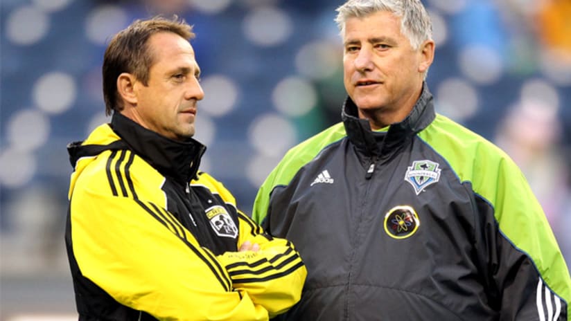 Crew coach Robert Warzycha (left) will try to deny good friend and Sounders coach Sigi Schmid of a US Open Cup championship.