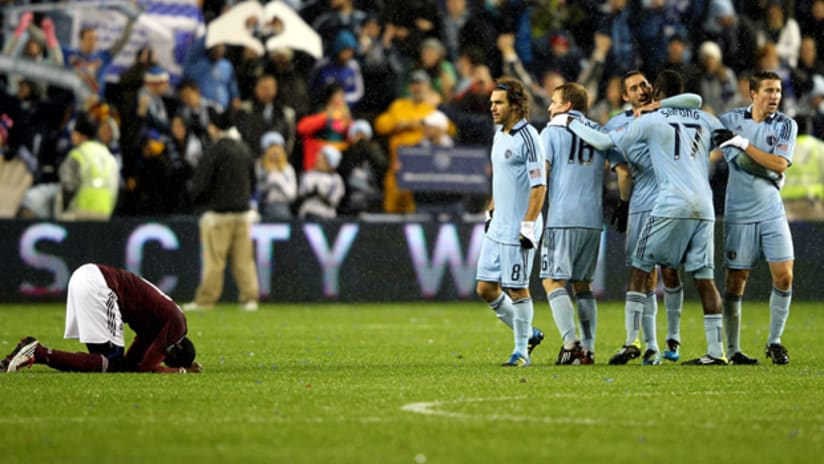 Sporting KC players celebrate CJ Sapong's goal against Colorado