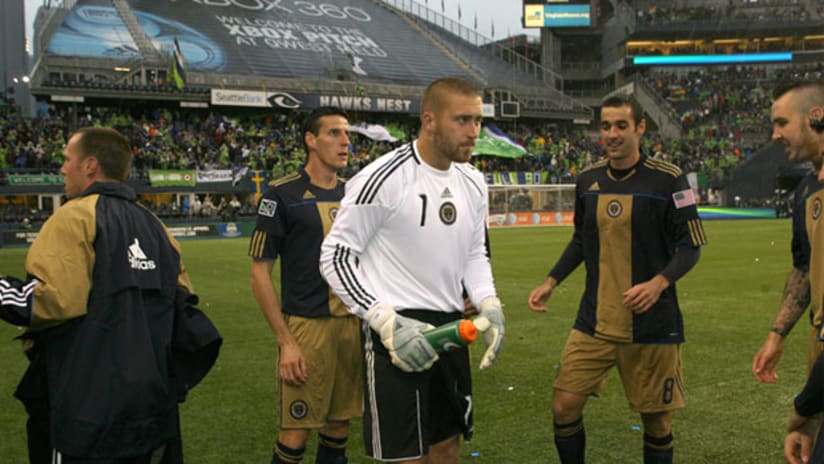 Philadelphia Union goalkeeper Chris Seitz (center) says he's committed to earning his critics' respect.