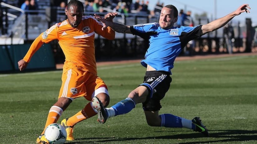 Houston trialist Frank Songo'o goes up against San Jose draft pick Colin Mitchell