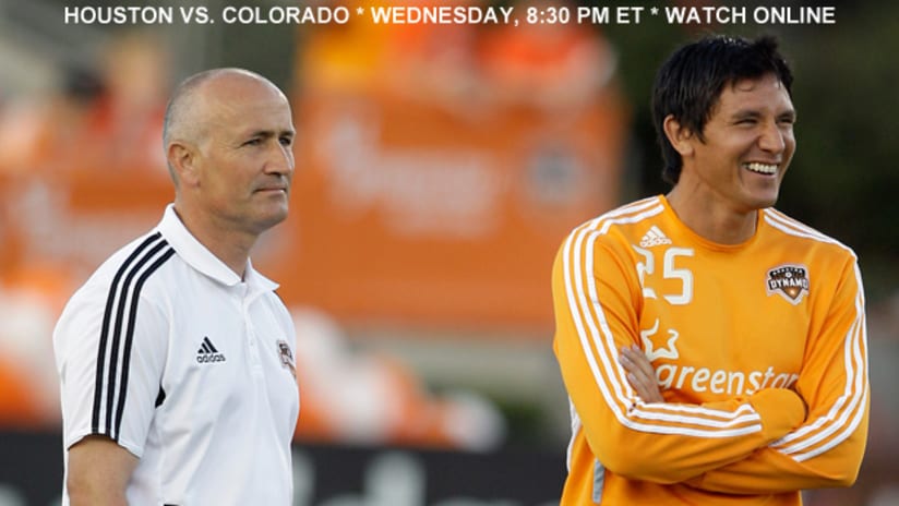 Houston Dynamo's Dominic Kinnear and Brian Ching smiling at Robertson Stadium.