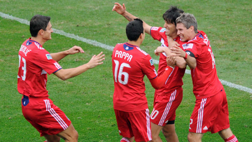 The Chicago Fire celebrate their goal against New England on Sunday.