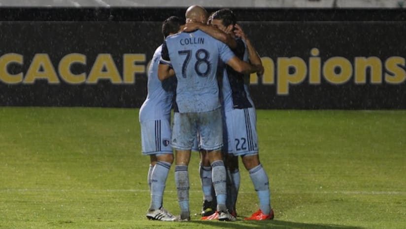 Sporting KC celebrate a goal vs. Olimpia in CCL play