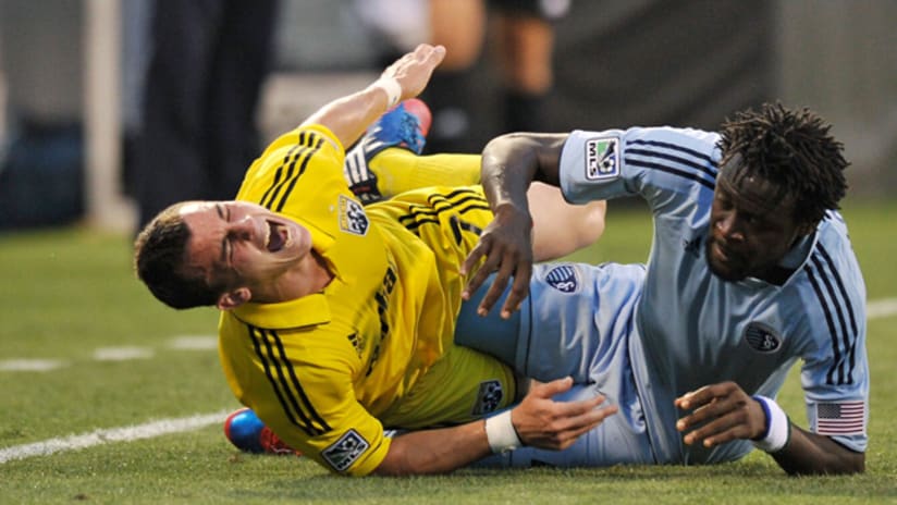 The Crew's Bernardo Anor winces in pain against Sporting KC on Saturday night.