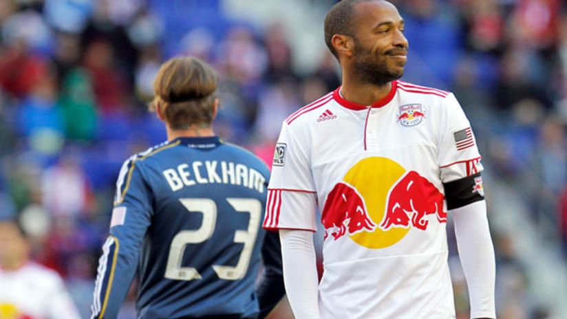 New York's Thierry Henry (right) reacts during a match vs. David Beckham's LA Galaxy.