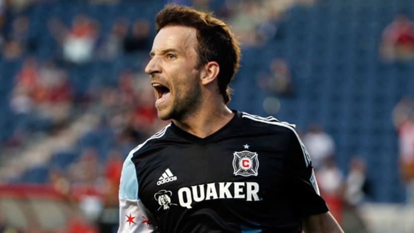 Chicago Fire forward Mike Magee reacts after scoring against the Charlotte Independence