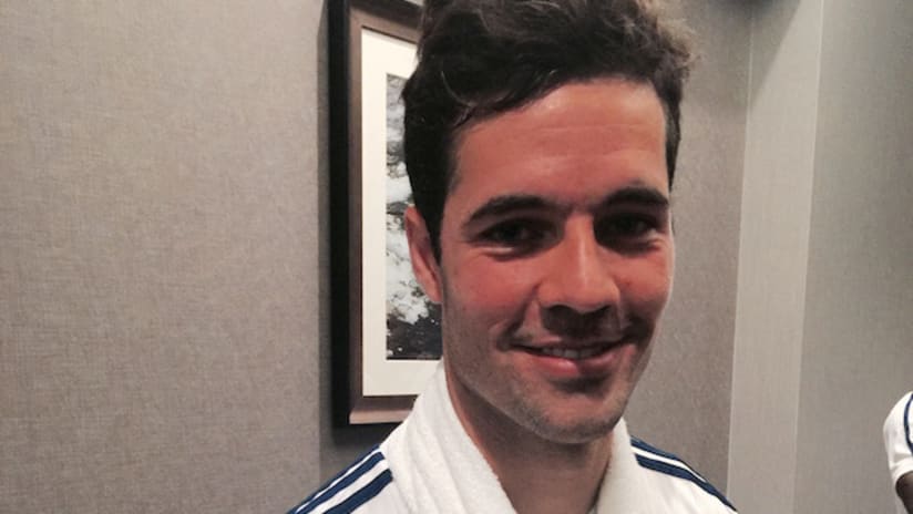 Benny Feilhaber shows off his "rooster fauxhawk" at the 2015 AT&T MLS All-Star celebrations