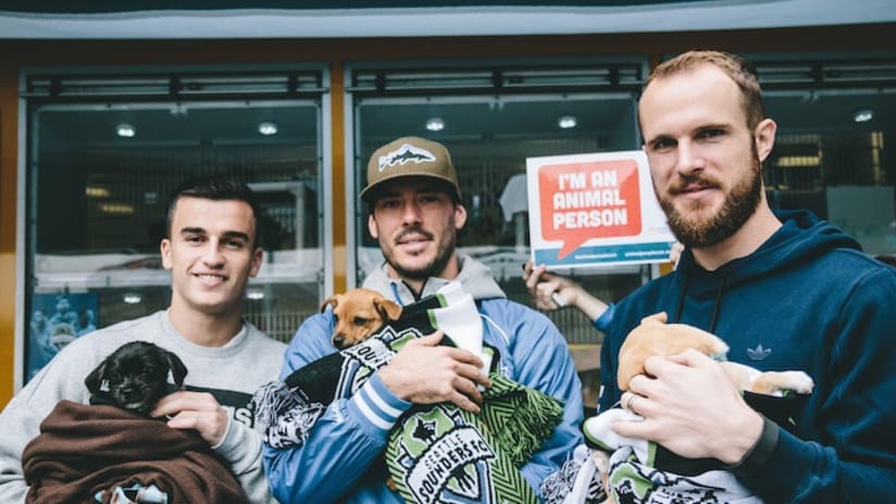 Seattle Sounders players and rescue dogs