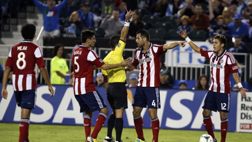 Carlos Bocanegra gets a red card
