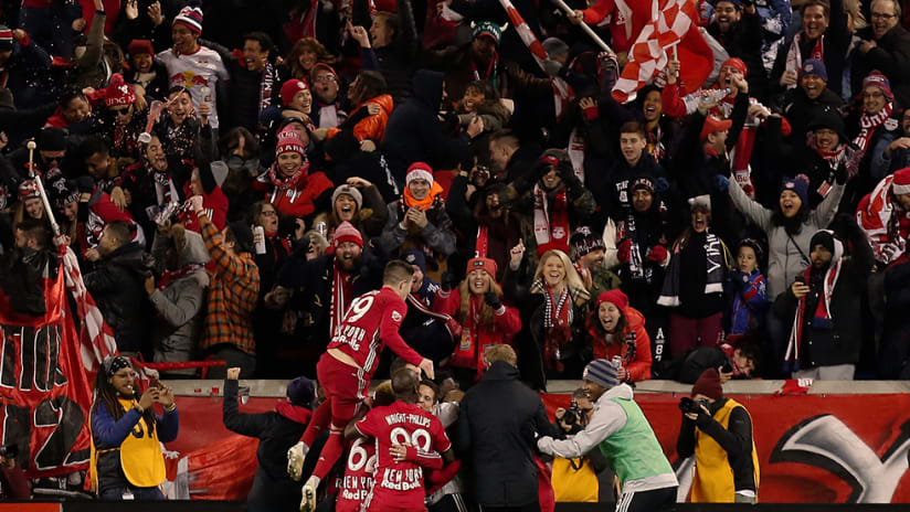 Red Bulls celebrate in front of supporters