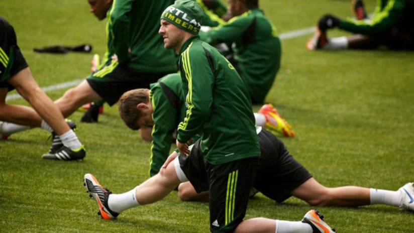 Kris Boyd stretches in first training with Timbers