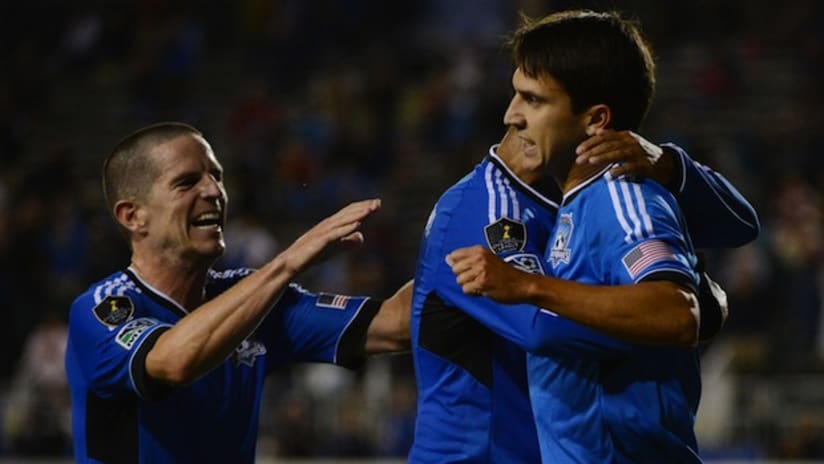 The San Jose Earthquakes celebrate a goal vs. the Montreal Impact in the CCL