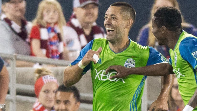 Seattle Sounders - Clint Dempsey smiling celebrating goal at Colorado on July 4, 2017