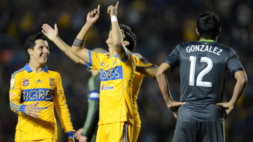 Tigres UANL celebrate their goal in the CCL against Seattle