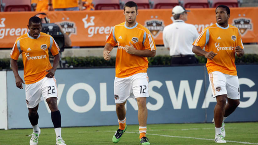 Houston's Will Bruin (center) scored his first MLS goal on Sunday night against Vancouver.