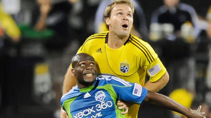 Crew's Chad Marshall will again have his hands full with Seattle's hat-trick hero Blaise Nkufo.