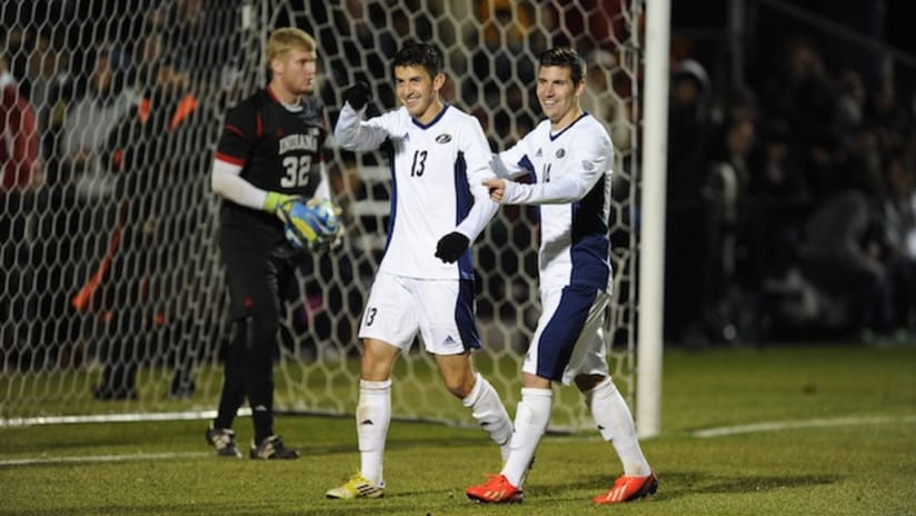 Akron celebrate a goal in their NCAA tournament win over Indiana