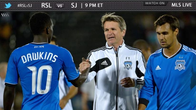 Frank Yallop and Simon Dawkins celebrate after San Jose's win over Colorado (Banner)
