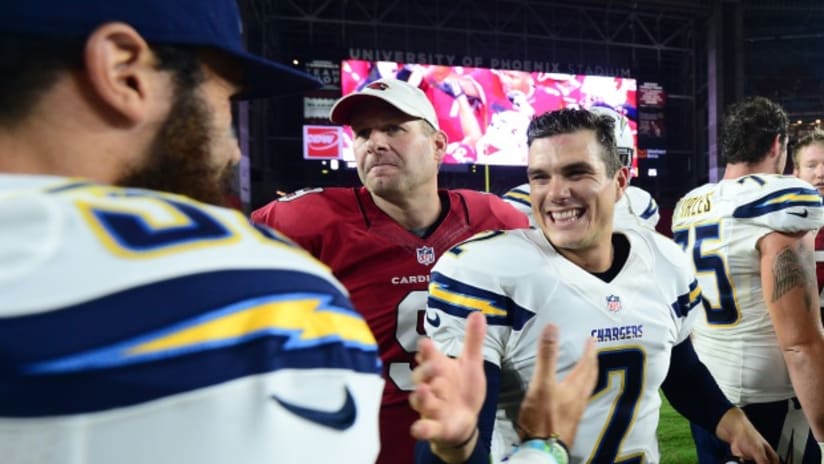 Josh Lambo celebrates a game-winning field goal with the San Diego Chargers