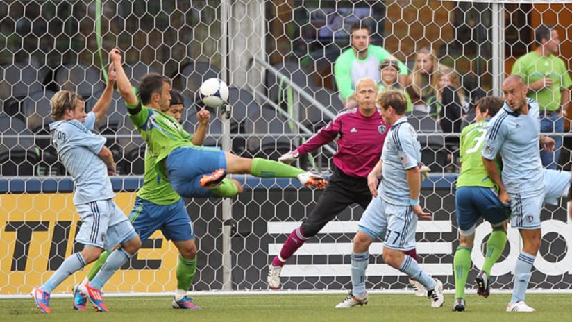 Seattle's Patrick Ianni scores a spectacular goal against Sporting KC.