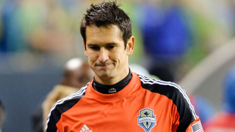 Seattle Sounders goalkeeper Michael Gspurning reacts to his red card vs. Colorado