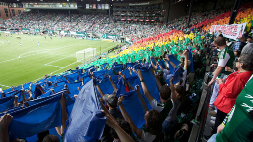 Timbers Army tifo makes simple statement about homophobia: "Pride, Not Prejudice" -