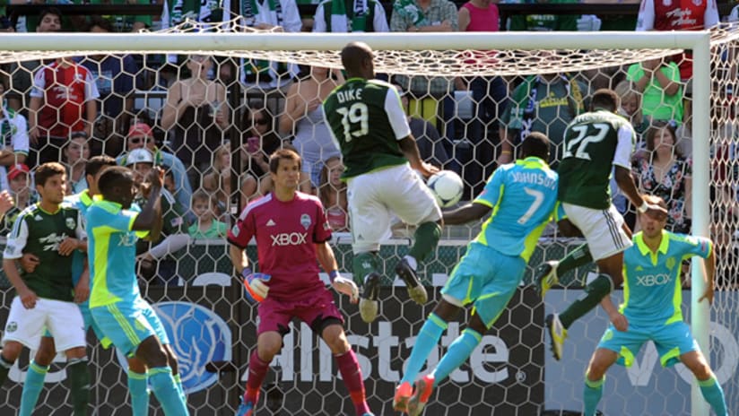 Rodney Wallace heads past Seattle for tying goal