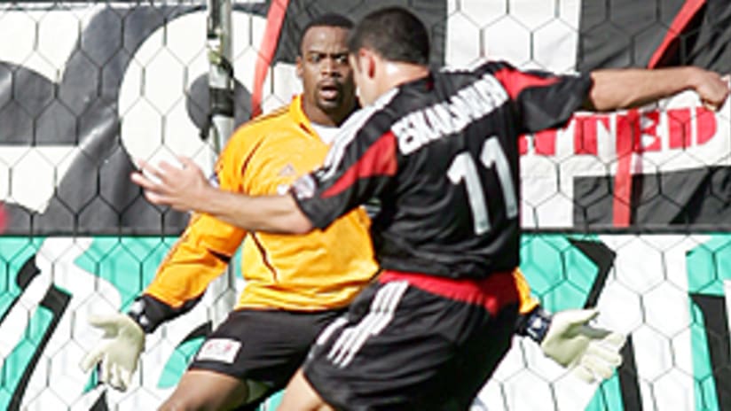 Alecko Eskandarian fires home one of his two goals in the 2004 MLS Cup.