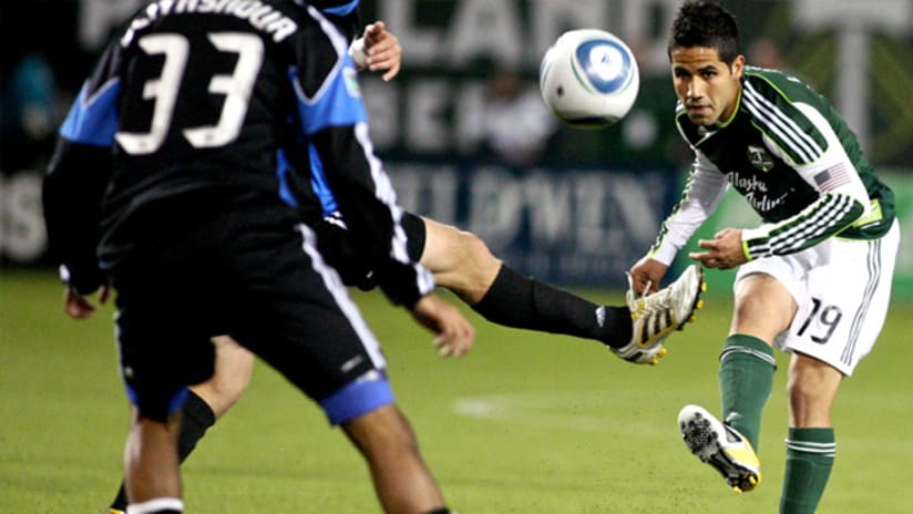 Rodrigo Lopez unleashes a cross during the Timbers 1-0 loss in USOC play to the Earthquakes.