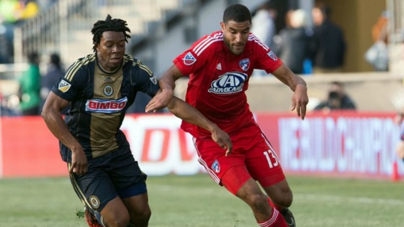 Tesho Akindele and Michael Lahoud do battle in FC Dallas' 2-0 win vs. Philadelphia Union